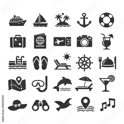 Travel and vacation icons set: summer, beach, and adventure symbols.