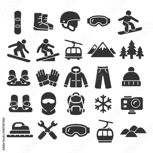 Winter sports equipment icons: snowboarding, skiing, and mountain gear collection.