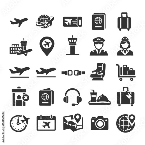 Air travel icons: plane, passport, luggage, control tower, airport.