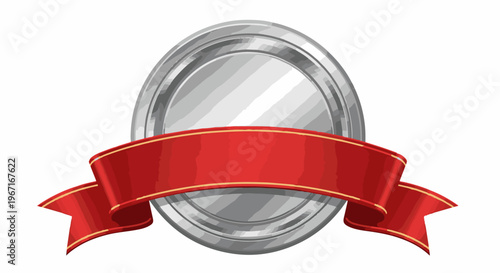 Silver oval award medal with a flowing red ribbon banner
