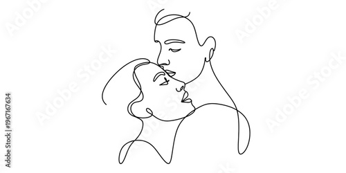 Minimalist continuous line art illustration of a loving couple sharing an intimate tender moment Vector, illustration