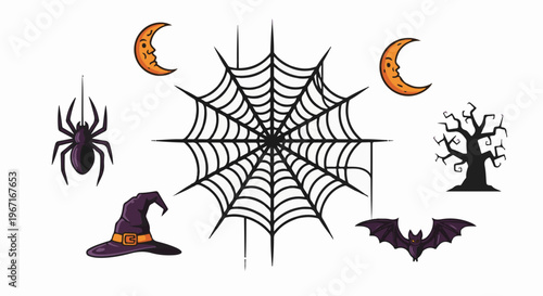 Spooky Halloween icons spider, web, hat, moon, tree, bat
