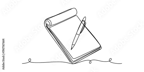 A single continuous line drawing of a spiral notepad and a ballpoint pen on a white background. Vector, illustration
