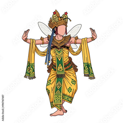 Detailed illustration of a traditional Balinese dancer in a yellow and green costume with elaborate headwear and wings, performing a graceful pose.