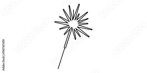 A simple black and white line art illustration of a single burning sparkler firework stick. Vector, illustration