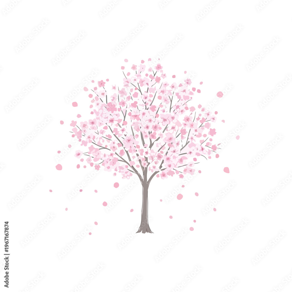 Fototapeta premium A blooming tree with pink flowers and falling petals stands alone