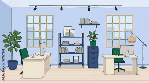 Modern home office interior with two workstations, computers, and bookshelves