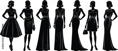 Elegant women dress silhouettes, fashion gown icons, stylish evening wear, clutch purse, jewelry accessories illustration set for design reference – flavector