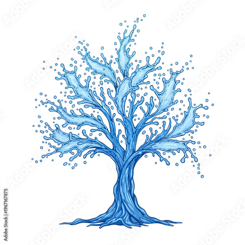 A blue tree with water droplets on its branches stands alone outside.