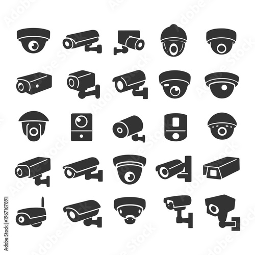 Diverse security camera icon set with dome and bullet designs.