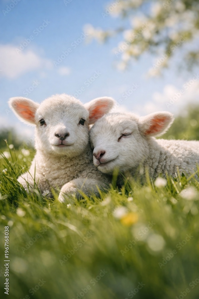 Fototapeta premium Adorable lambs resting peacefully together.
