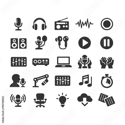 Audio and music icon set: microphone, headphones, speakers, soundwave, podcast.