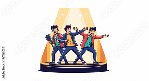 Three animated male performers pose on a brightly lit stage