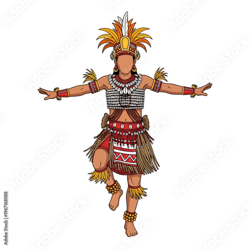Illustration of an indigenous person in traditional feathered headdress and tribal costume performing a cultural dance with arms outstretched.