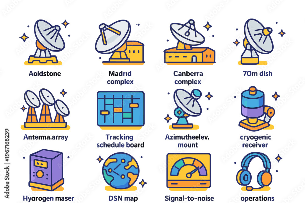 Fototapeta premium Deep Space Icons. Deep Space Network. Colorful isometric vector icons set of Deep Space Network: Goldstone antenna, Madrid complex, Canberra complex, 70m dish,