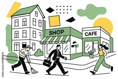 Urban Renewal Evolution. Gentrification Processes. Wide street view showing older buildings, new shops, and floating abstract geometric shapes, urban renewal