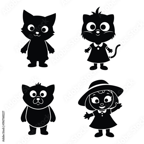 Cute Cartoon Black Cat & Girl Silhouettes: Playful Illustrations for Kids Books & Design
