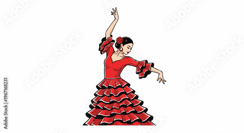 Woman in elegant ruffled red flamenco dress dancing gracefully