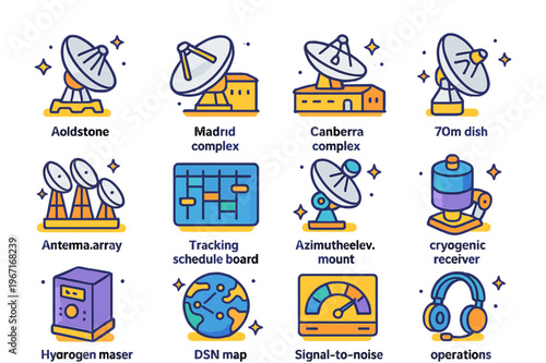 Deep Space Icons. Deep Space Network. Colorful isometric vector icons set of Deep Space Network: Goldstone antenna, Madrid complex, Canberra complex, 70m dish,