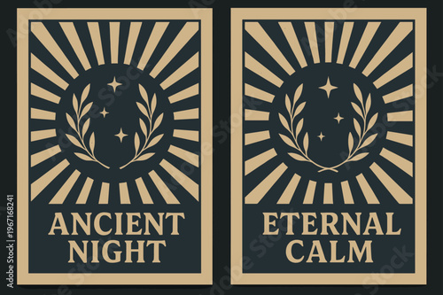Ancestral Night Banners. Ancestral Darkness. Two vertical A6 banners with safe margins, centered composition, no elements touching edges, retro, indigo and