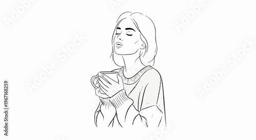 Woman enjoying a warm drink, eyes closed, with a cozy sweater