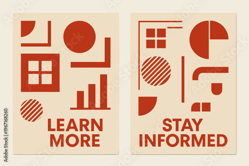 Bauhaus Infographic Banners. INFORMATION. Two vertical A6 banners with safe margins, centered composition, no elements touching edges, bauhaus, red and beige,