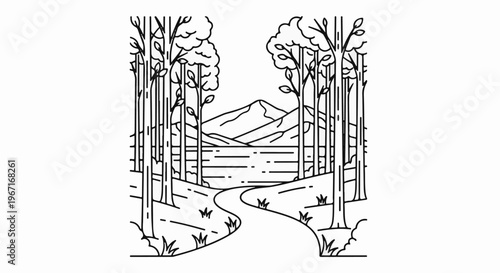 Winding forest path leads to a serene lake and distant mountains