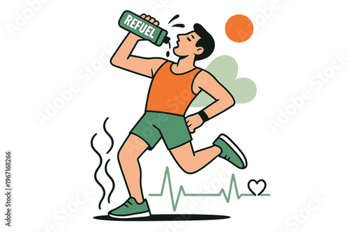 Runner's Hydration Moment. Sports Bottle After Run. Steam rises from the pavement; a runner tips a cold bottle, droplets arc ?Refuel.? Heartbeat lines soften