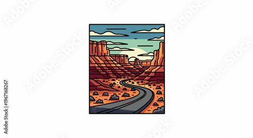 Winding road through arid canyons under a partly cloudy sky at sunset
