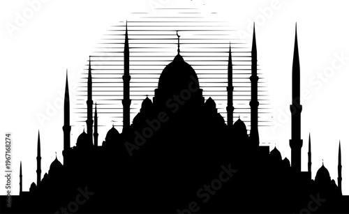 Mosque Skyline Minaret Dome Islamic Architecture Prayer Eid Black Vector