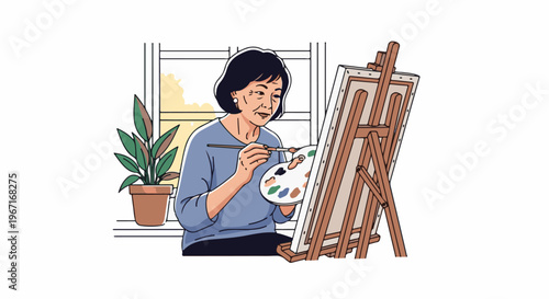 Woman painting on easel indoors near a window with a plant