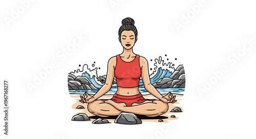 Woman meditating peacefully on a sandy beach with crashing waves