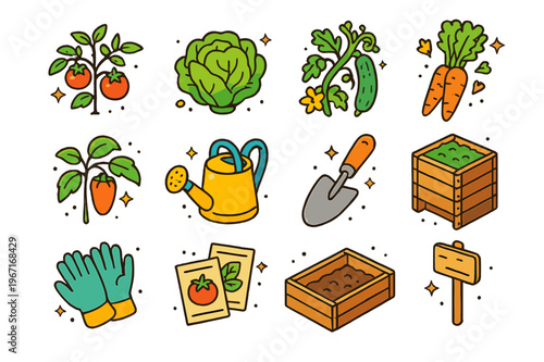 Vegetable Garden Icons. Vegetable garden essentials. Colorful isometric vector icons set of Vegetable garden essentials: tomato plant, lettuce head, cucumber