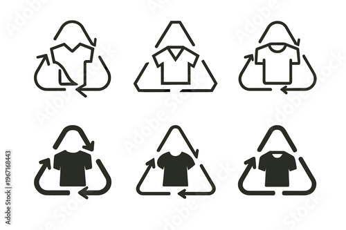 Sustainable Fashion Icons. Sustainable materials for fashion design. Icon set. Set Logo of sustainable fashion: recycled polyester symbol. harmonious logo