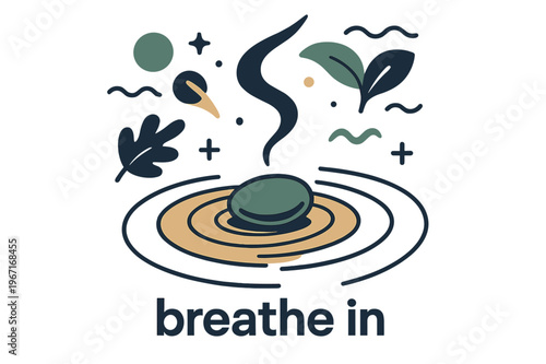 Pebble Meditation Focus. Pebble ? Meditation Focus. A single pebble rests at the center of soft sand spirals; incense smoke curves upward. Caption ?breathe