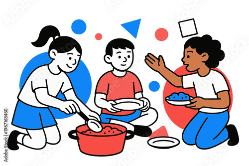 Children Dividing Food. Rationing Food. Children helping divide food portions with floating abstract geometric shapes, educational and mindful scene. Modern