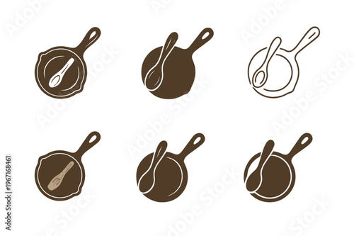 Rustic Kitchen Logos. Rustic kitchen. Set Logo of Rustic kitchen: skillet with wooden spoon. harmonious logo variations of the same emblematic concept, each