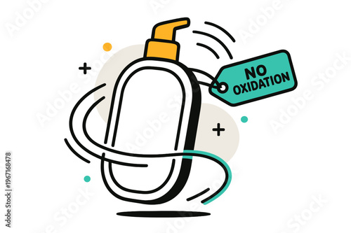 Dynamic Airless Bottle. Airless Pump Bottle. A minimalist oval bottle rises with a tidy pump click; a tag reads ?No Oxidation.? Motion lines swoop as product
