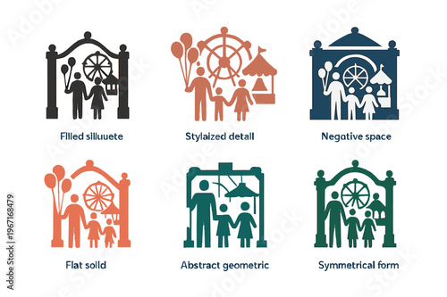 Amusement Park Logos. May day at an amusement park. Icon set. Set Logo of May day at an amusement park: family entering gate with balloons. harmonious logo