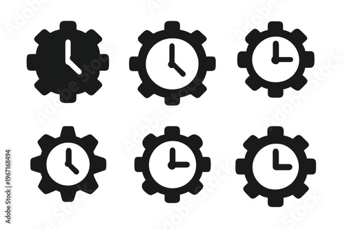 Productivity Logo Variations. Work smarter, not harder. Icon set. Set Logo of productivity: clock integrated with cogwheel. harmonious logo variations of the
