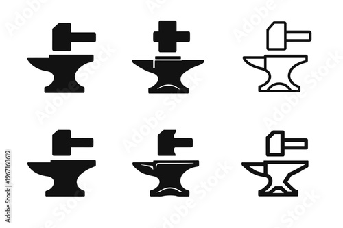 Renaissance Craft Logos. Craft renaissance. Icon set. Set Logo of Craft renaissance: blacksmith hammer and anvil. harmonious logo variations of the same