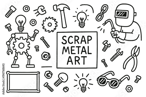 Scrap Metal Doodle. Scrap metal art. Hand-drawn doodle illustration scrap metal art sculpture, bolts, nuts, saw blade, gear, hammer, welder, chain, pliers,