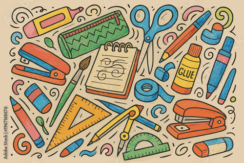 Colorful Doodle Supplies. Doodle Art. Hand-drawn doodle illustration Doodle Art, colored pencil, accented marker, colored paper, sketchbook, colored scissors,