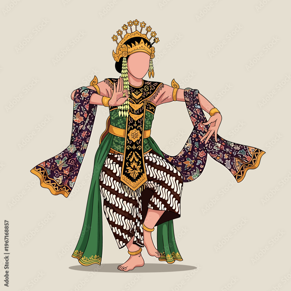 Fototapeta premium A detailed illustration of a traditional Javanese dancer in an elaborate green, gold, and batik costume, performing a graceful pose.