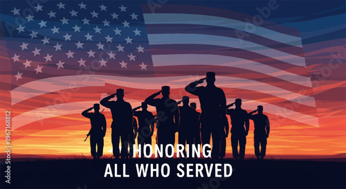 Patriotic vector, American flag, soldiers saluting, Honoring All Who Served, USA veterans