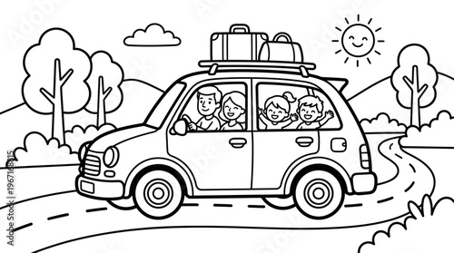 Family Road Trip Adventure Cheerful People Enjoying a Journey in a Packed Car Journeying on a Winding Path Through Scenic Countryside Under a Sunny Sky Concept of Vacation and Travel Together.