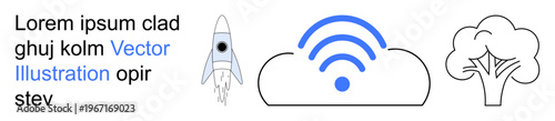 Technology, innovation, sustainability, internet services, digital communication, eco-friendly concepts. Rocket, cloud with wireless and tree icons. Technology and connectivity symbolic