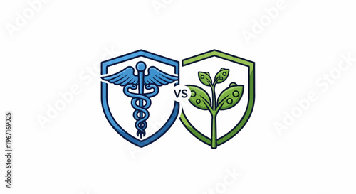 Two shields, one with medical symbol, other with plant, separated by 'vs'