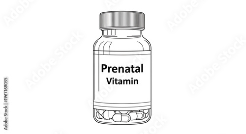A minimalist vector illustration of a prenatal vitamin bottle with a clear label and cap