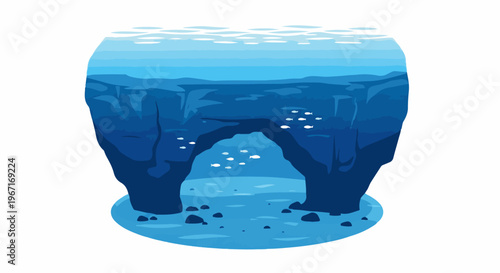 Underwater scene with archway, rocks, and schooling fish